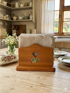 90s Wood Napkin Holder Heart Strawberry Cottage Grandma
